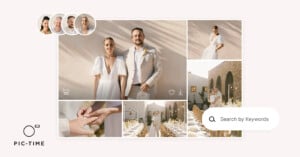 A digital photo gallery for a wedding, showing a bride and groom, guests, rings, and decor. Overlapping profile images, a search bar, and Pic-Time logo are also visible on a light background.