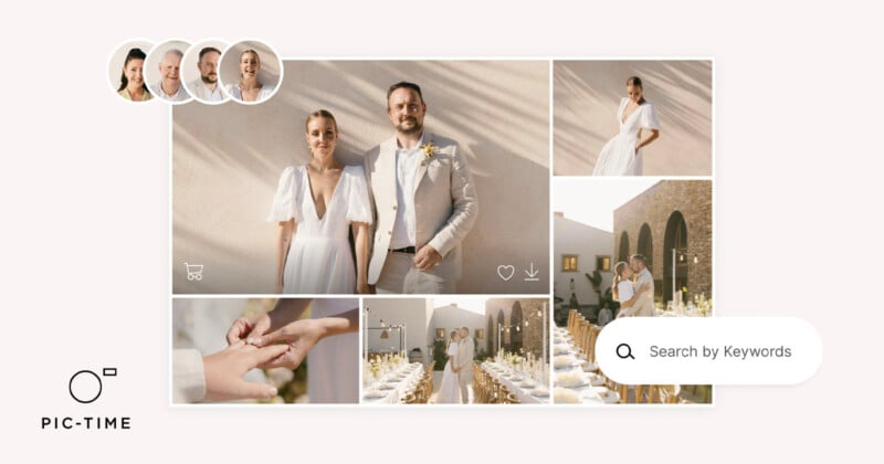 A digital photo gallery for a wedding, showing a bride and groom, guests, rings, and decor. Overlapping profile images, a search bar, and Pic-Time logo are also visible on a light background.