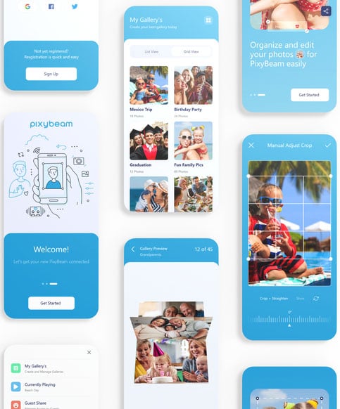 Interfaz de aplicación móvil con pantalla azul y blanca que muestra una vista previa de la galería de fotos, herramientas de recorte manual, página de bienvenida y ejemplos de imágenes de personas en eventos y vacaciones. También se ven ilustraciones y botones.