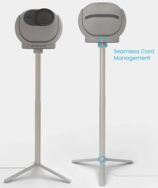 Dos dispositivos redondos grises con etiquetas. "haz de elfo" Montado sobre un trípode alto, mostrado de frente y de atrás. pantalla de texto azul "Gestión de cables perfecta," Destaca el cuidado sistema de cuerdas.