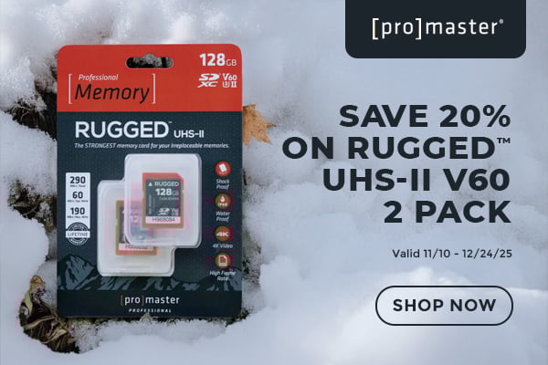 A ProMaster 128GB Rugged SD card 2-pack displayed in its packaging sits on snowy ground, with text promoting a 20% discount and a "Shop Now" button. Offer valid from 11/10 to 12/24/25.