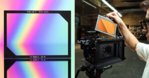 A colorful, iridescent camera lens filter sits upright on the left, while on the right, a person installs a rectangular orange filter into a camera rig indoors.