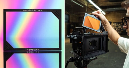 A colorful, iridescent camera lens filter sits upright on the left, while on the right, a person installs a rectangular orange filter into a camera rig indoors.