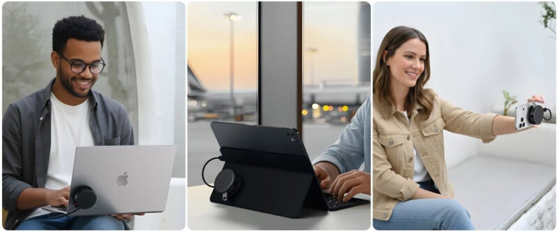 Tres imágenes: un hombre usando una MacBook conectada a un dispositivo negro, una tableta con un dispositivo similar sobre la mesa junto a la ventana y una mujer sonriente sosteniendo un teléfono inteligente conectado al mismo dispositivo.