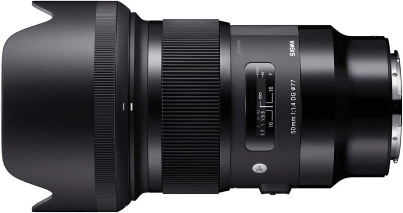 A black Sigma 50mm f/1.4 DG HSM Art camera lens is shown in a side view, featuring a large lens hood, focus ring, and brand markings.