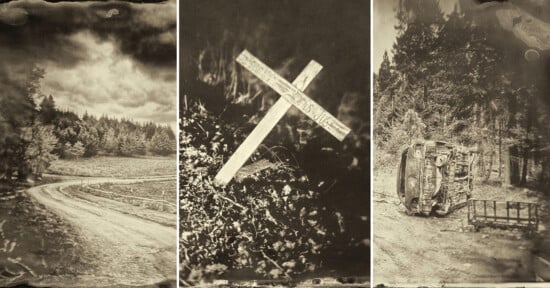 A sepia-toned triptych: a winding dirt road through a forest, a wooden cross grave marker, and an overturned car beside a trailer in a wooded area, evoking a somber, vintage atmosphere.