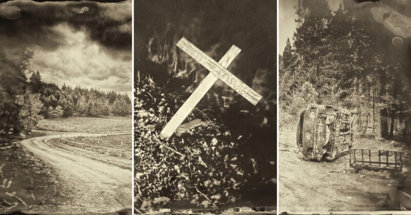 Un tríptico en tonos sepia de un sinuoso camino de tierra a través de un bosque, lápidas cruzadas de madera y un automóvil volcado junto a un remolque boscoso crea una atmósfera retro y de mal humor.