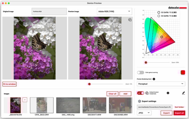 Screenshot of a color management software showing side-by-side image previews of a butterfly on purple flowers, a color gamut chart, image selection thumbnails, and export options at the bottom.