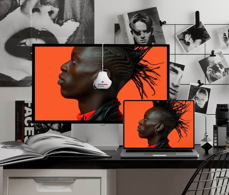 A workspace with a desktop monitor and laptop displaying the same profile portrait of a person against an orange background. Nearby are black-and-white fashion photos, an open book, a camera lens, and a keyboard.