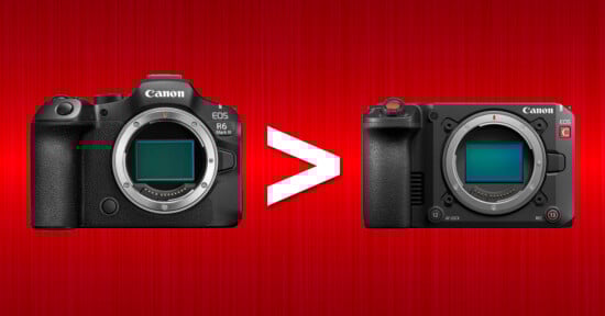 Two Canon cameras side by side on a red background, with a greater-than symbol between them. The camera on the left is a Canon EOS R6 Mark II, and the camera on the right is a Canon EOS R5C.