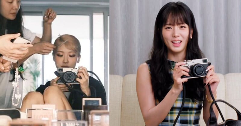 Two side-by-side photos show a woman holding a camera. On the left, she sits while getting her hair styled. On the right, she smiles at the camera while sitting on a couch, holding the same camera.