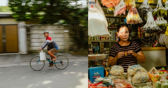 A man rides a bicycle on a street, carrying a plastic bag, while another image shows a woman standing behind the counter of a small shop filled with snacks, candies, and bottled goods.