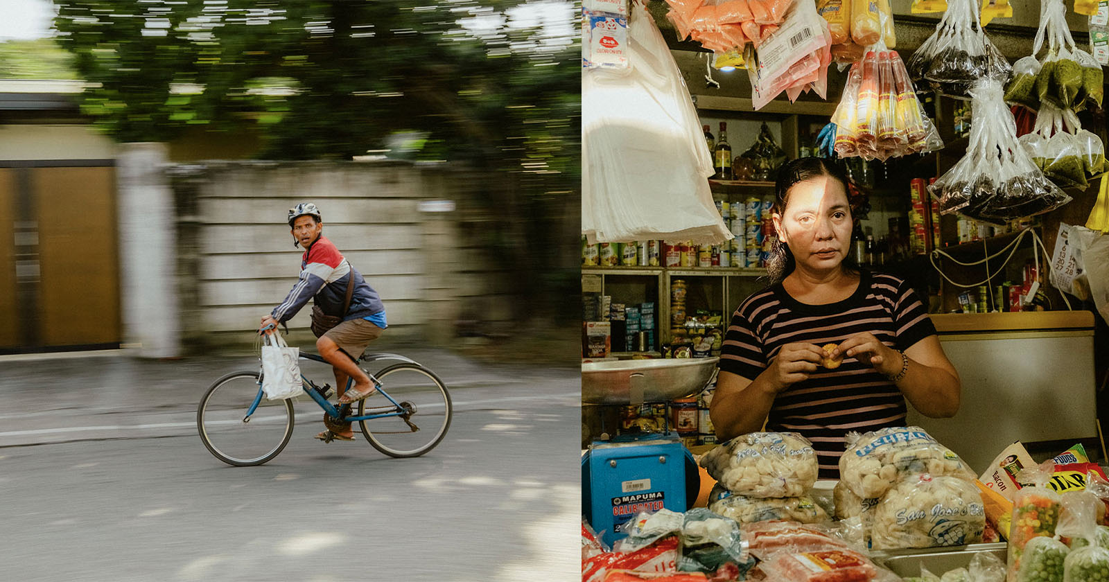 A man rides a bicycle on a street, carrying a plastic bag, while another image shows a woman standing behind the counter of a small shop filled with snacks, candies, and bottled goods.