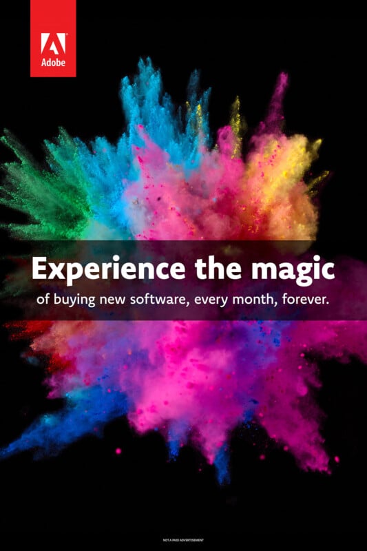Colorful powder explosion with the Adobe logo at the top. Text overlay reads, "Experience the magic of buying new software, every month, forever." Black background highlights the vibrant colors.