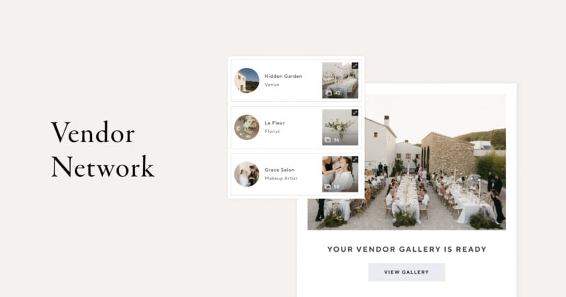 A wedding vendor gallery screenshot shows venue, florist, and makeup artist options on the left, and an outdoor wedding reception photo on the right with the text "Your Vendor Gallery is Ready" and a "View Gallery" button.