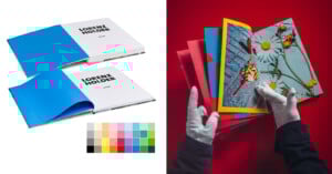 A photo collage: on the left, two open books with blue covers labeled "Lorenz Holder" and a palette of 25 colored squares; on the right, gloved hands hold and flip through a colorful book against a red background.