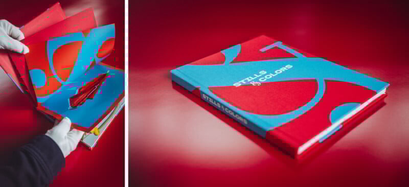 A person wearing white gloves flips through a colorful book with a red and blue abstract cover titled "STILLS & COLORS." The book lies closed on a glossy red surface in the right image.