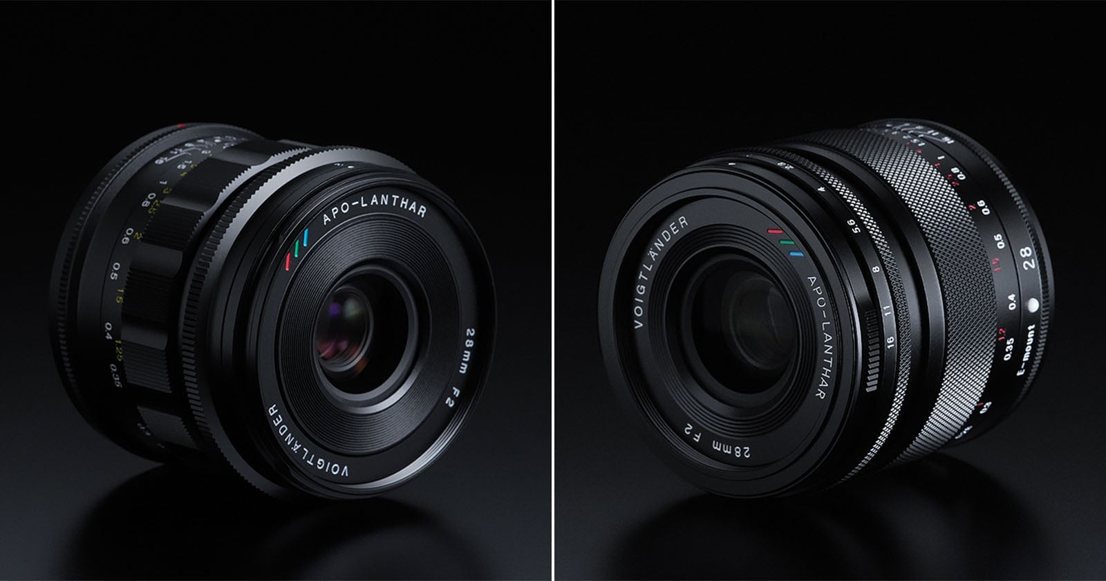 Side-by-side view of two Voigtländer APO-LANTHAR 28mm f/2 camera lenses on a black surface, showing different angles and the lens markings in white, red, blue, and green.