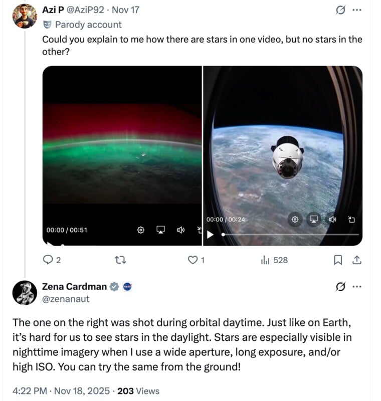 A tweet asks why stars are visible in one video but not another from space. A reply explains stars are harder to see in daylight and easier with night imaging techniques or longer exposure. The videos show auroras and a spacecraft.