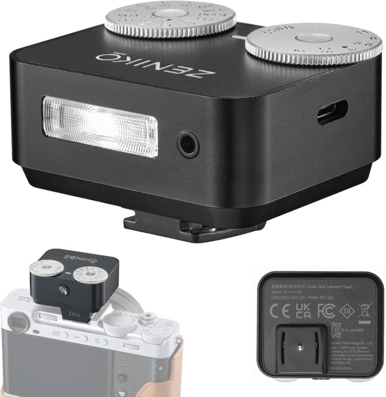 A compact black ZENIKO dual dial camera flash with control dials and a USB-C port, shown from various angles and mounted on a camera. Product labels and certification marks are visible on the bottom.