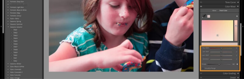 A young child with brown hair eats a sprinkle-covered treat, with editing sliders and presets visible on the left and right sides of the screen in a photo editing software interface.