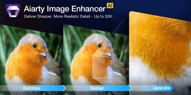Promotional graphic for Aiarty Image Enhancer showing a bird photo improved through three steps: denoise, deblur, and upscale; the bird's feather details become sharper and clearer in the final image.