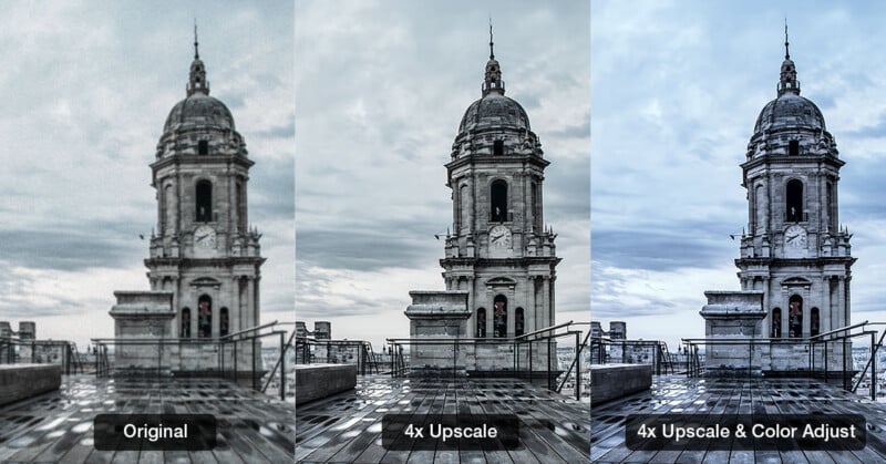 A side-by-side comparison of a cathedral tower: left shows the original image, center is 4x upscaled and sharper, and right is 4x upscaled with enhanced colors, all labeled accordingly at the bottom.