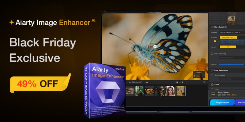 A digital ad for "Aiarty Image Enhancer AI" Black Friday sale shows a butterfly image being edited on a laptop screen, with a 49% off offer and a software box displayed in the foreground.