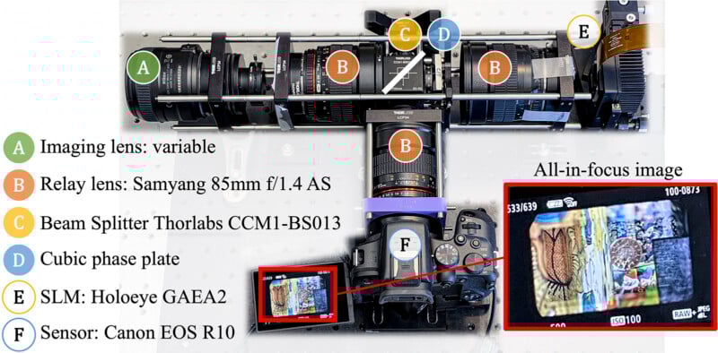 A labeled optical setup with camera components: imaging lens, relay lens, beam splitter, cubic phase plate, and SLM. The sensor (Canon EOS R10) displays an all-in-focus image on its screen. Labels A-E indicate each part.