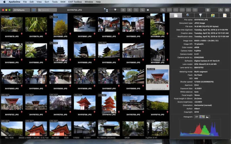 A computer screen displays a photo management application with thumbnails of various Japanese temples and shrines. Image metadata and a histogram are shown in a panel on the right side of the screen.