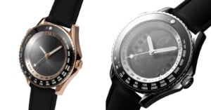 Two wristwatches with black straps; the left watch has a rose gold case and dark dial, while the right watch has a silver case and visible mechanical components through its semi-transparent dial.