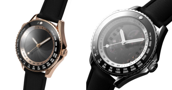 Two wristwatches with black straps; the left watch has a rose gold case and dark dial, while the right watch has a silver case and visible mechanical components through its semi-transparent dial.