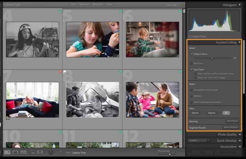 A screenshot of Adobe Lightroom shows a photo grid view with various family and child portraits. The right panel displays editing options, including “Assisted Culling,” “Subject Focus,” and histogram information.