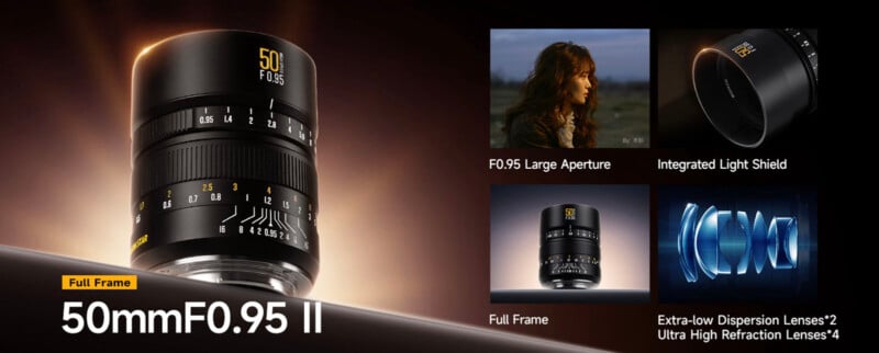 Imagen promocional de la lente de cámara de fotograma completo de 50 mm F0.95 II, que muestra la lente, fotografías de muestra, características como parasol integrado, lente de dispersión ultrabaja y diagramas de lentes. Texto en negrita: "Fotograma completo de 50 mm F0,95 II.