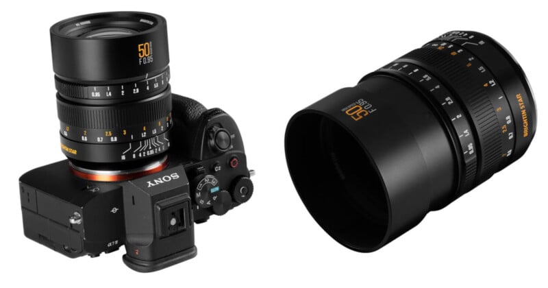 Una cámara digital Sony negra con una lente grande de 50 mm f/0,95, junto a un primer plano de la misma lente que muestra marcas de apertura y enfoque en blanco y naranja.