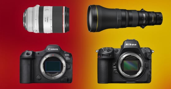 A Canon lens and a Nikon lens are shown above two camera bodies, the Canon EOS R5 Mark II on the left and the Nikon Z8 on the right, against a red-to-yellow gradient background.