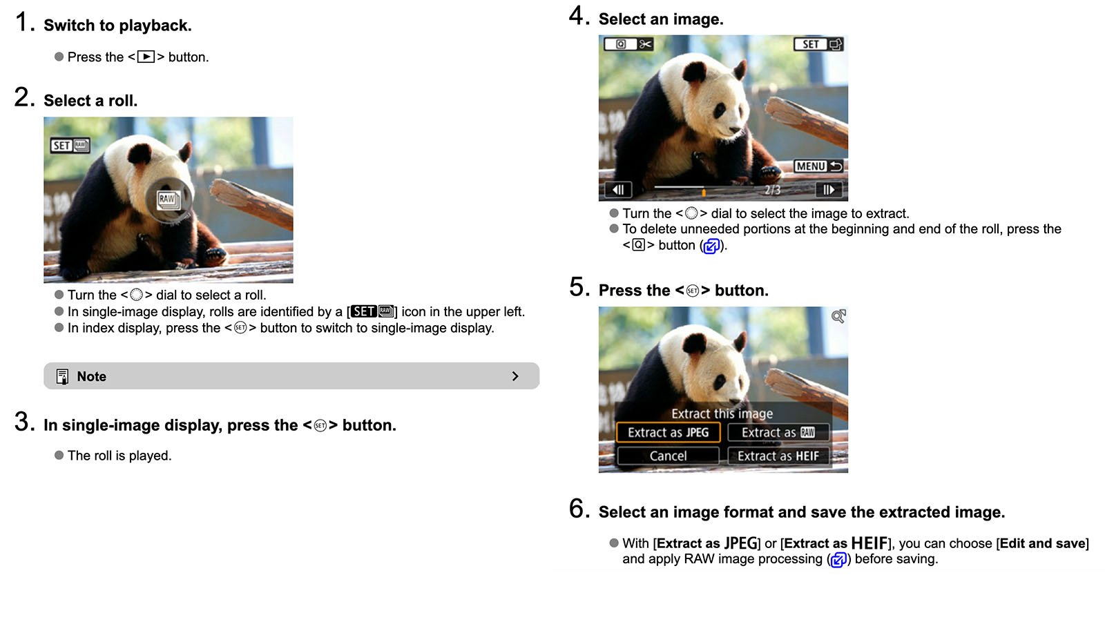 Digital camera screen instructions showing how to extract an image from a roll, featuring a photo of a panda eating bamboo. Steps and camera button icons are included for selecting, extracting, and saving the image as JPEG.