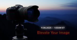 A camera on a tripod is silhouetted against a mountain landscape at dusk. Text on the image reads: "11.06.2025 | 1:00AM ET" and "Elevate Your Image" in red letters.