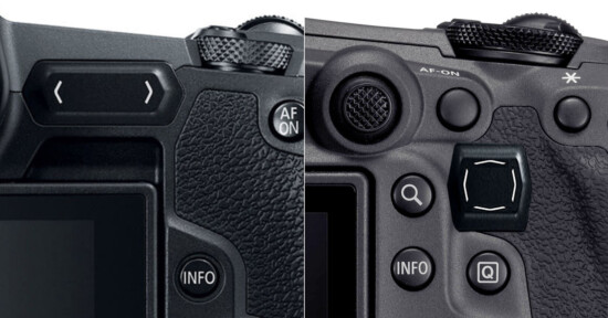 Close-up comparison of the rear controls on two different camera bodies, showing various buttons, textured grips, and dials, including "INFO" and navigation buttons.