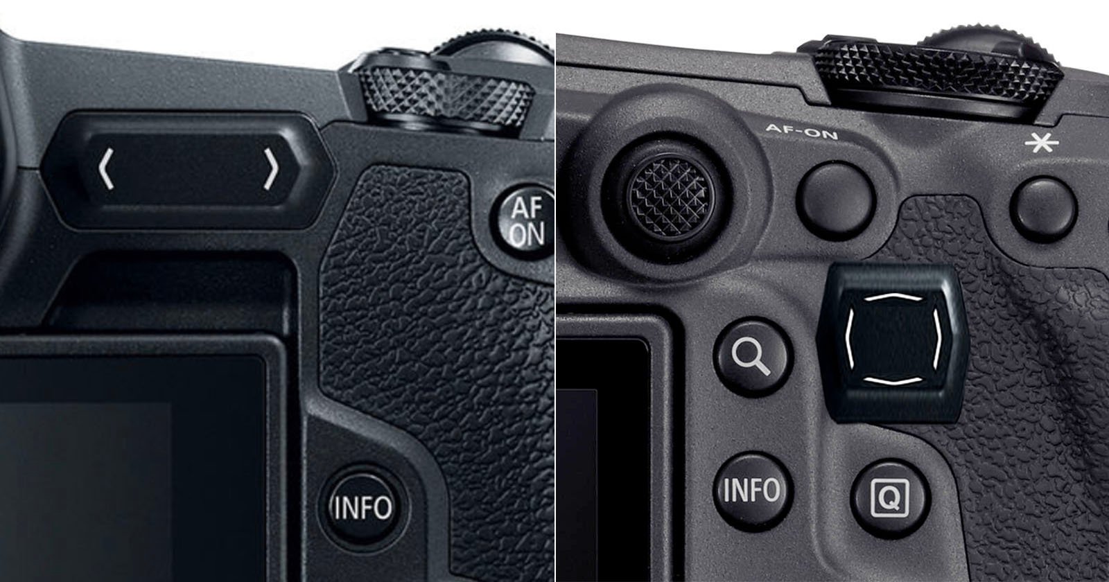 Close-up comparison of the rear controls on two different camera bodies, showing various buttons, textured grips, and dials, including "INFO" and navigation buttons.