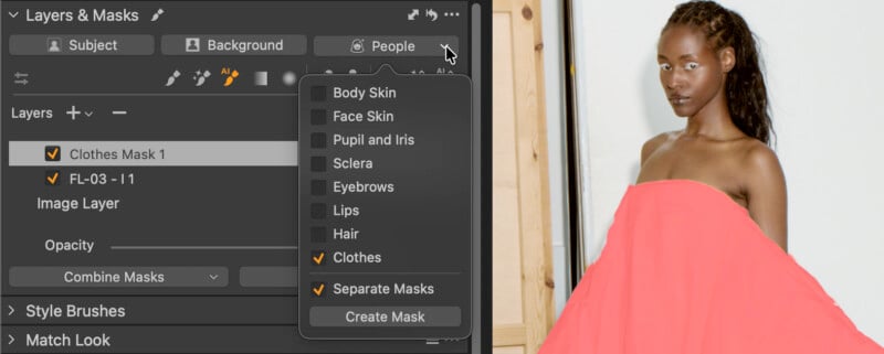 A photo editing software interface shows layer and mask options on the left, with “Clothes” selected. On the right, a woman with braided hair poses, her dress highlighted in bright pink for editing.