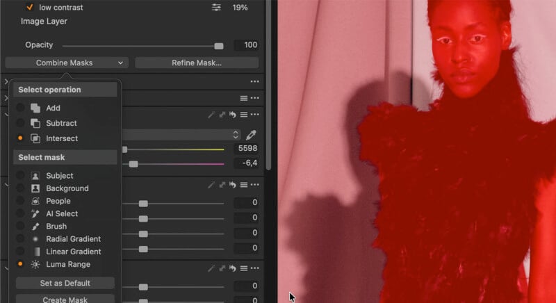 A photo editing software window shows a mask adjustment menu on the left and a masked image of a person in a textured, feathered garment on the right, highlighted with a red overlay.