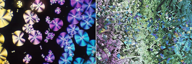 Abstract image split in two: the left side shows circular, metallic shapes in blue, yellow, and purple on a black background; the right side features a textured, green-blue pattern with iridescent highlights.