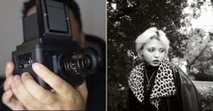 A split image: on the left, a person holds a large vintage camera close to their face; on the right, a black-and-white photo of a person with light hair and a patterned coat standing outdoors near leafy trees.