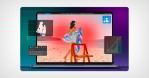 A laptop screen displays a photo editing software with an image of a woman at the beach. Editing tools, selection outlines, a curves adjustment graph, and silhouette icons are overlaid on the image.