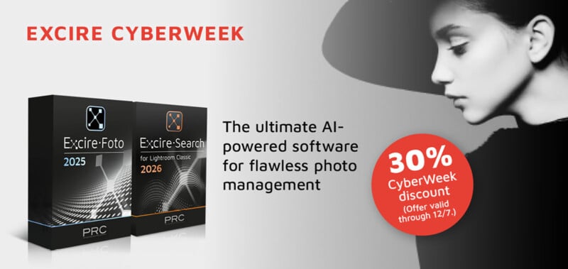 Advertisement for Excire CyberWeek featuring Excire-Foto 2025 and Excire-Search 2026 AI photo management software, a 30% CyberWeek discount offer, and a grayscale profile image of a woman in a hat.