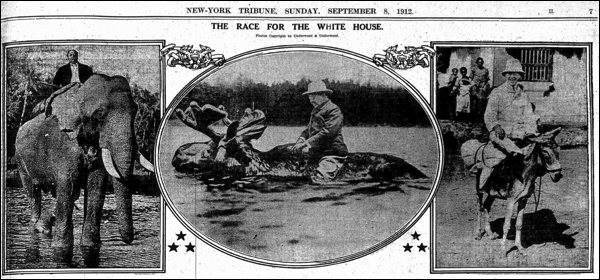 Una edición antigua de 1912 del New York Tribune muestra tres fotografías en blanco y negro: un hombre conduciendo un elefante, un hombre montando un alce en el agua y un hombre montando un burro, con el titular 