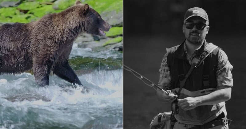 A split image: on the left, a brown bear stands in a rushing river; on the right, a man in outdoor gear holds a fishing rod, appearing to fish in similar waters.