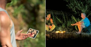 On the left, a person holds a photo of two people smiling. On the right, two men sit by a campfire at night, talking, surrounded by plants and trees.