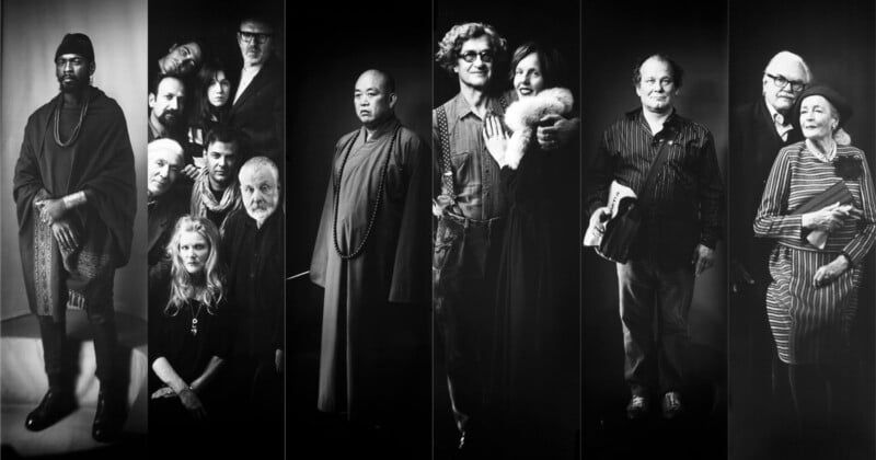 Un collage de fotografías en blanco y negro muestra varios grupos de personas: un hombre vestido con varias capas de ropa, un grupo de personas posando muy cerca, un monje, una pareja sonriente, una pareja sosteniendo un libro y un anciano y una mujer vestidos con ropa a rayas y una boina.